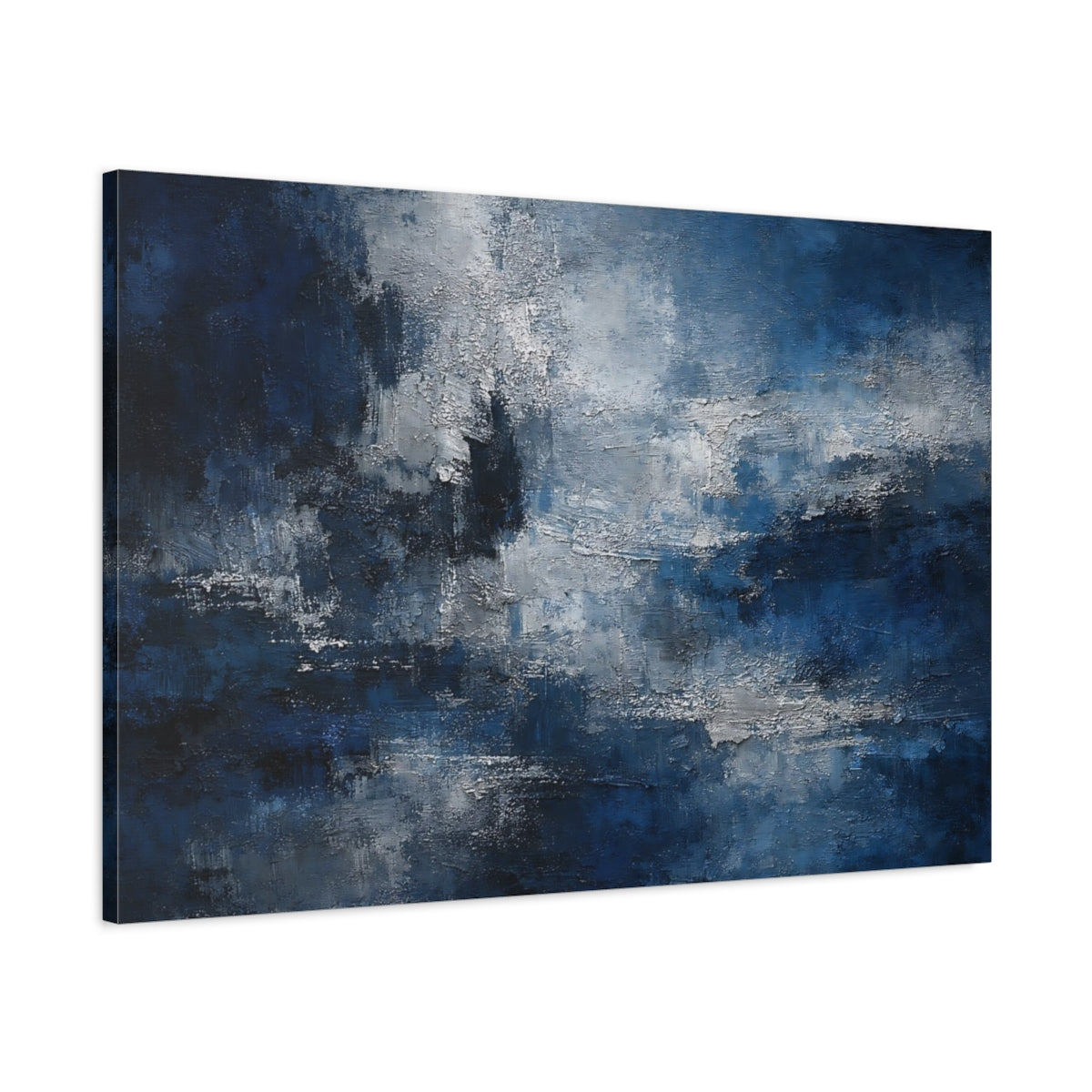Side Mockup 1. Abstract Abstract Texture Blue Abstract shown as stretched canvas wall art
