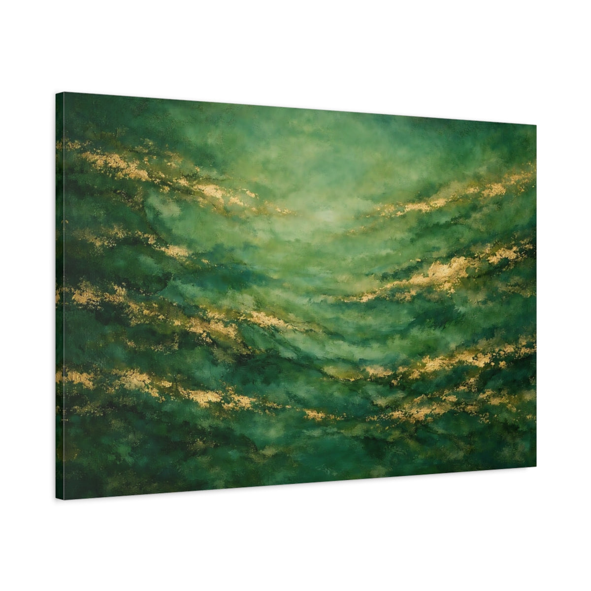Side Mockup 1. Abstract Abstract Texture Green And Gold shown as stretched canvas wall art