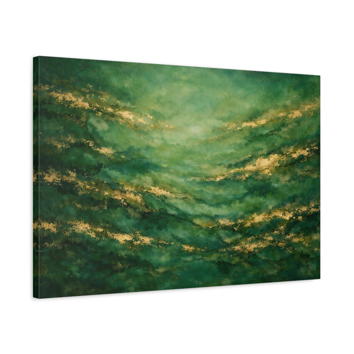 Side Mockup 2. Abstract Abstract Texture Green And Gold shown as stretched canvas wall art
