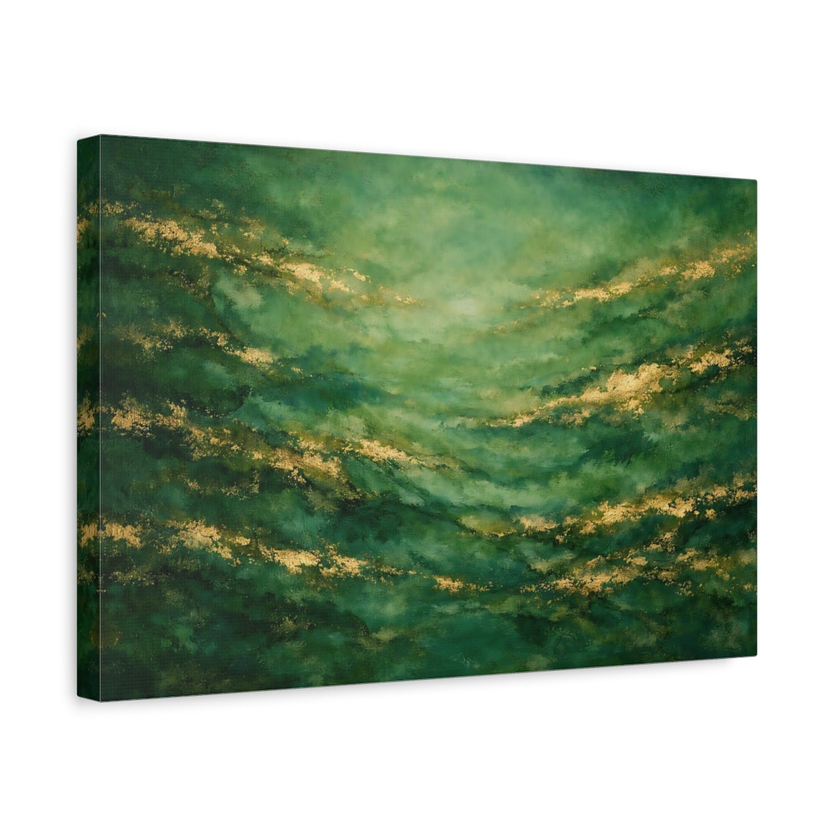 Side Mockup 4. Abstract Abstract Texture Green And Gold shown as stretched canvas wall art