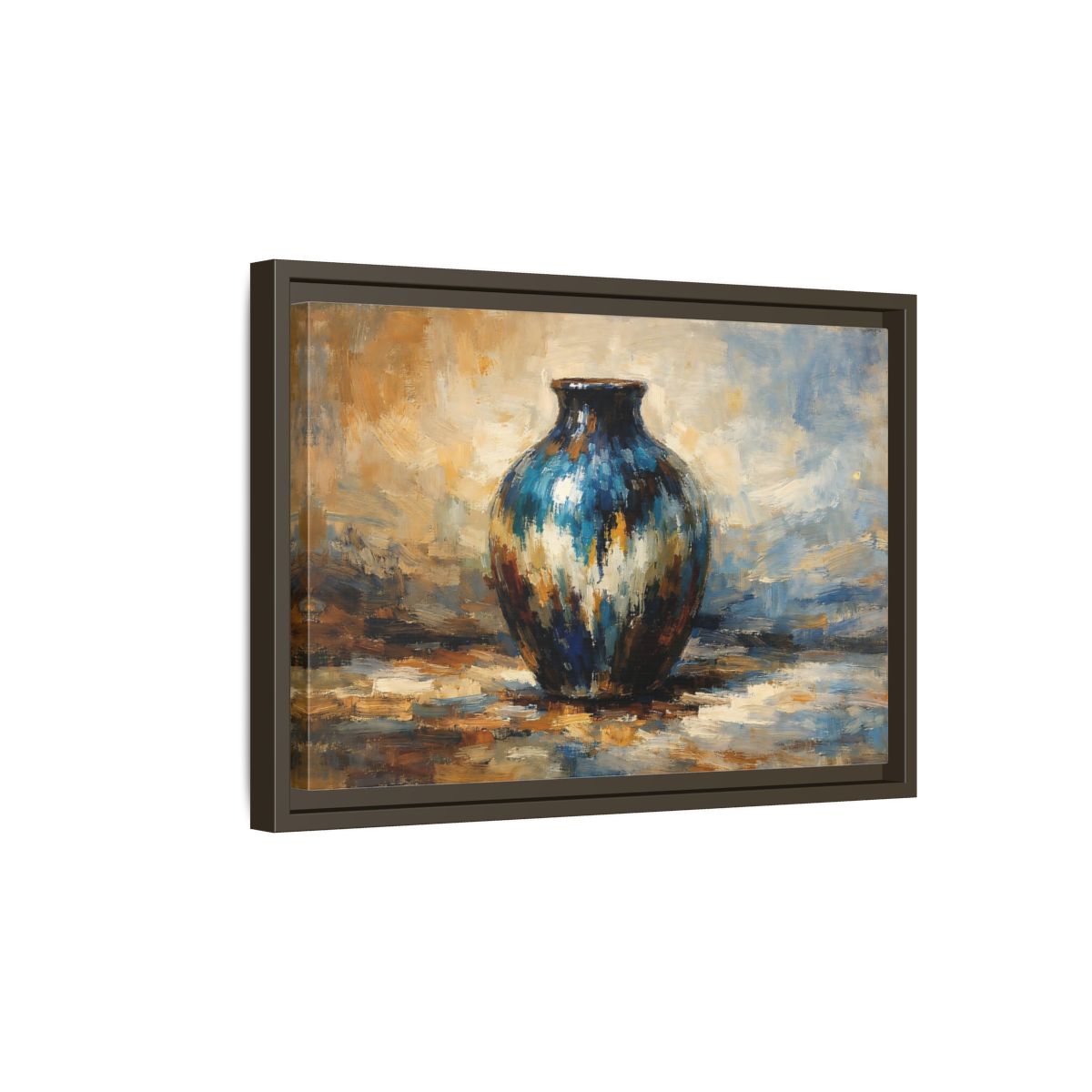 Side Mockup 5. Abstract Textured Vase Blue And Gold Vase shown as stretched canvas wall art