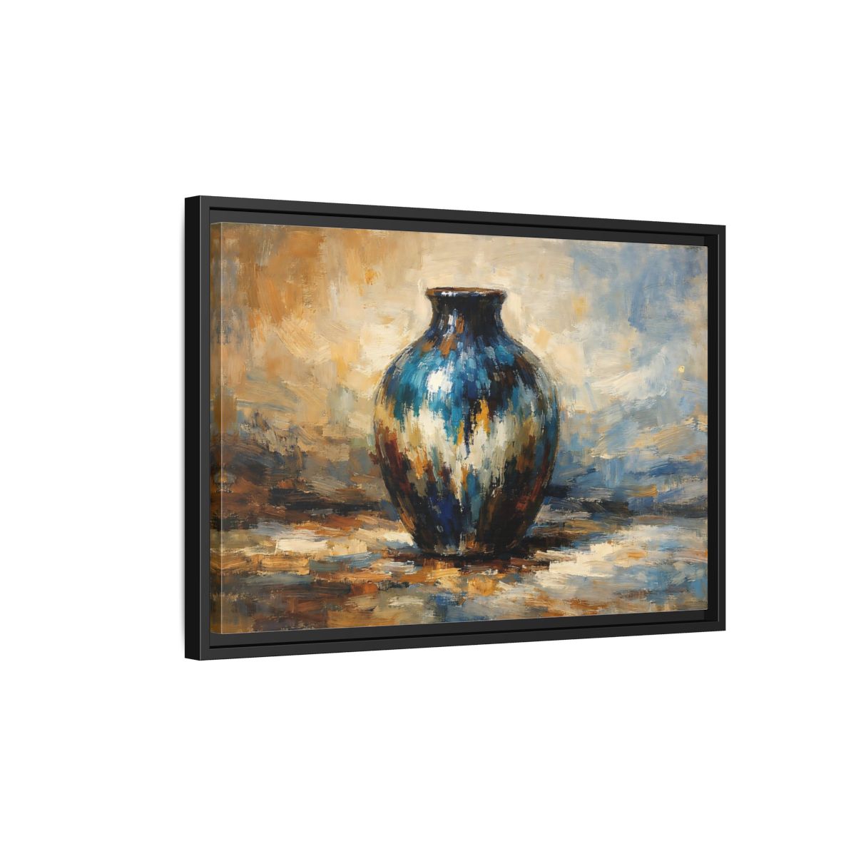 Side Mockup 3. Abstract Textured Vase Blue And Gold Vase shown as stretched canvas wall art