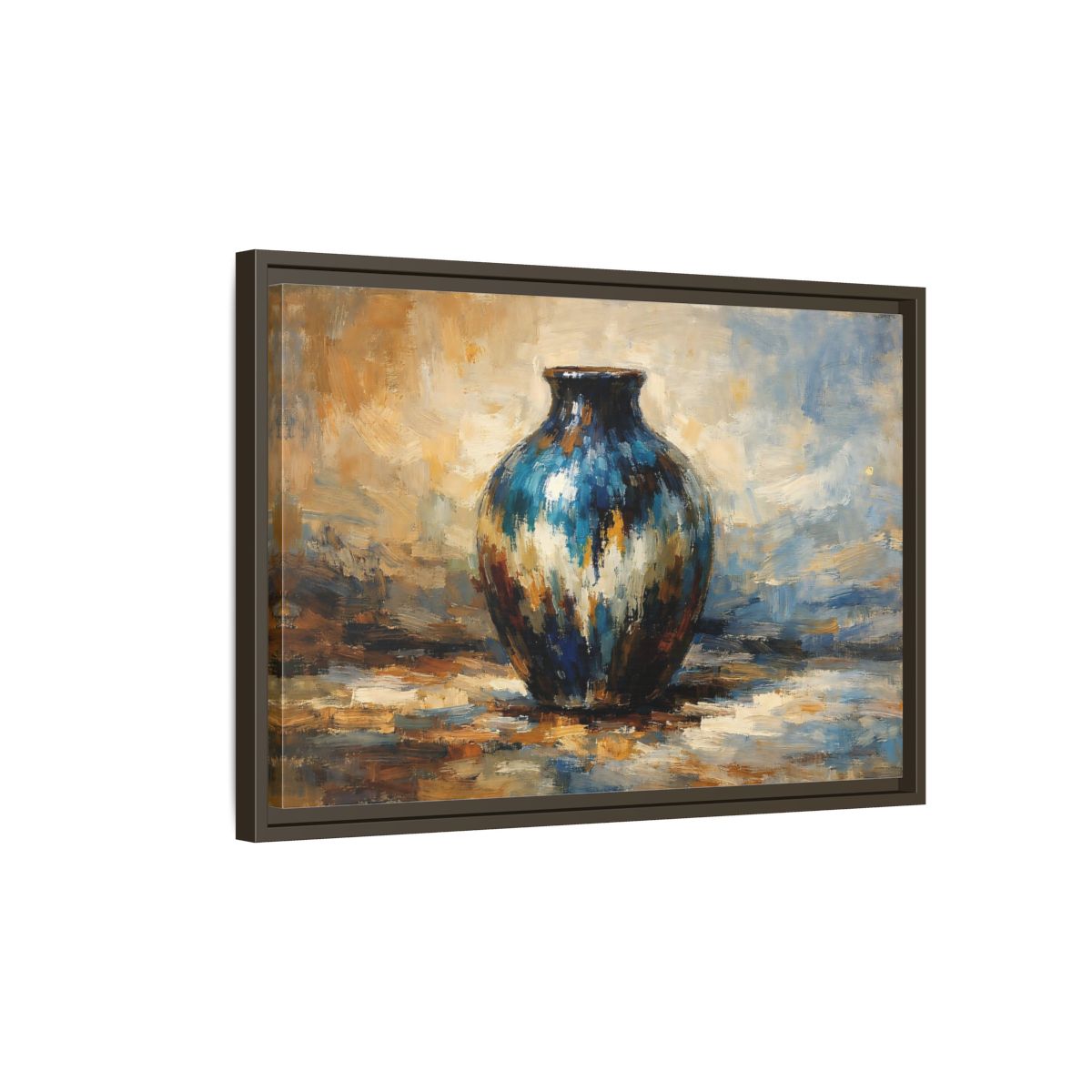 Side Mockup 2. Abstract Textured Vase Blue And Gold Vase shown as stretched canvas wall art