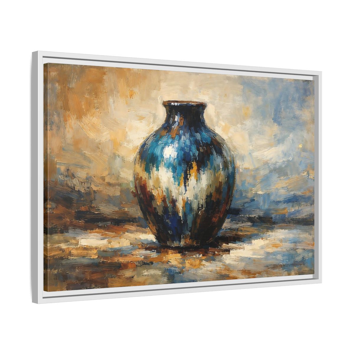 Side Mockup 10. Abstract Textured Vase Blue And Gold Vase shown as stretched canvas wall art