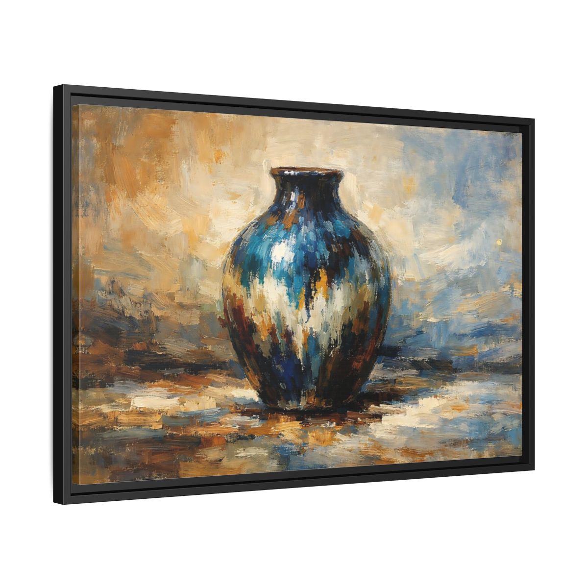 Side Mockup 14. Abstract Textured Vase Blue And Gold Vase shown as stretched canvas wall art