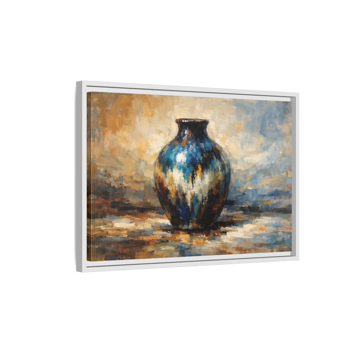 Side Mockup 1. Abstract Textured Vase Blue And Gold Vase shown as stretched canvas wall art