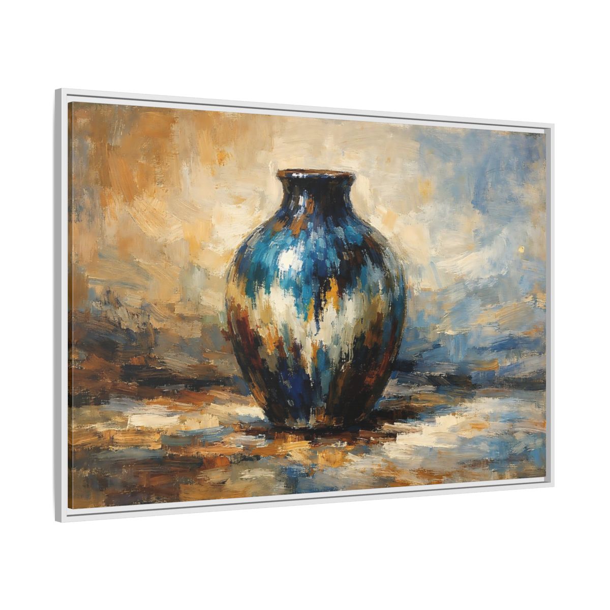 Side Mockup 7. Abstract Textured Vase Blue And Gold Vase shown as stretched canvas wall art