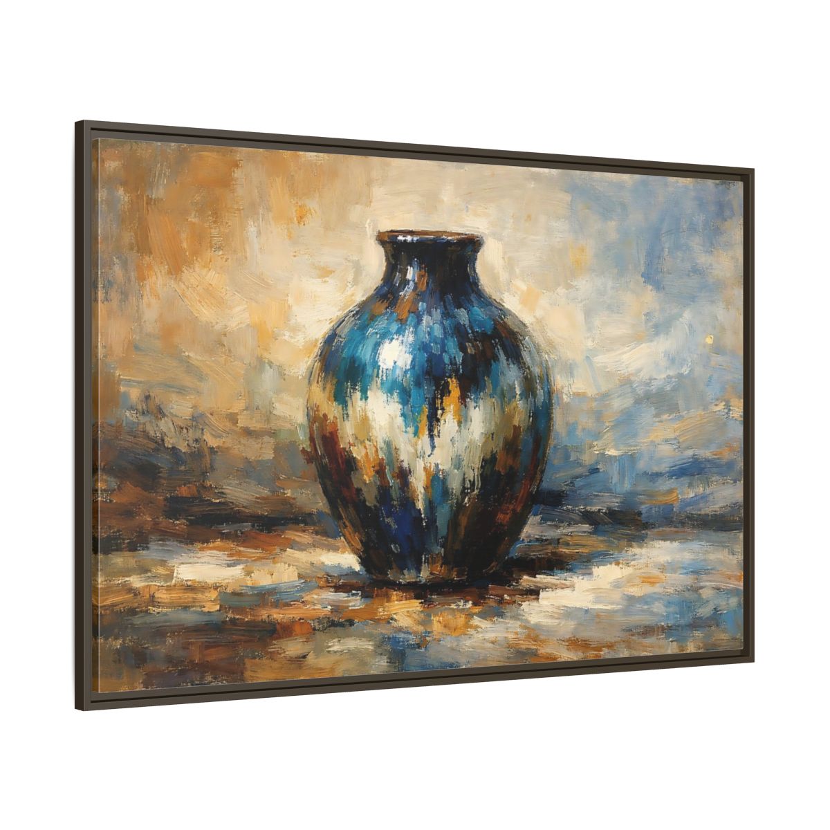 Main Mockup. Abstract Textured Vase Blue And Gold Vase shown as stretched canvas wall art