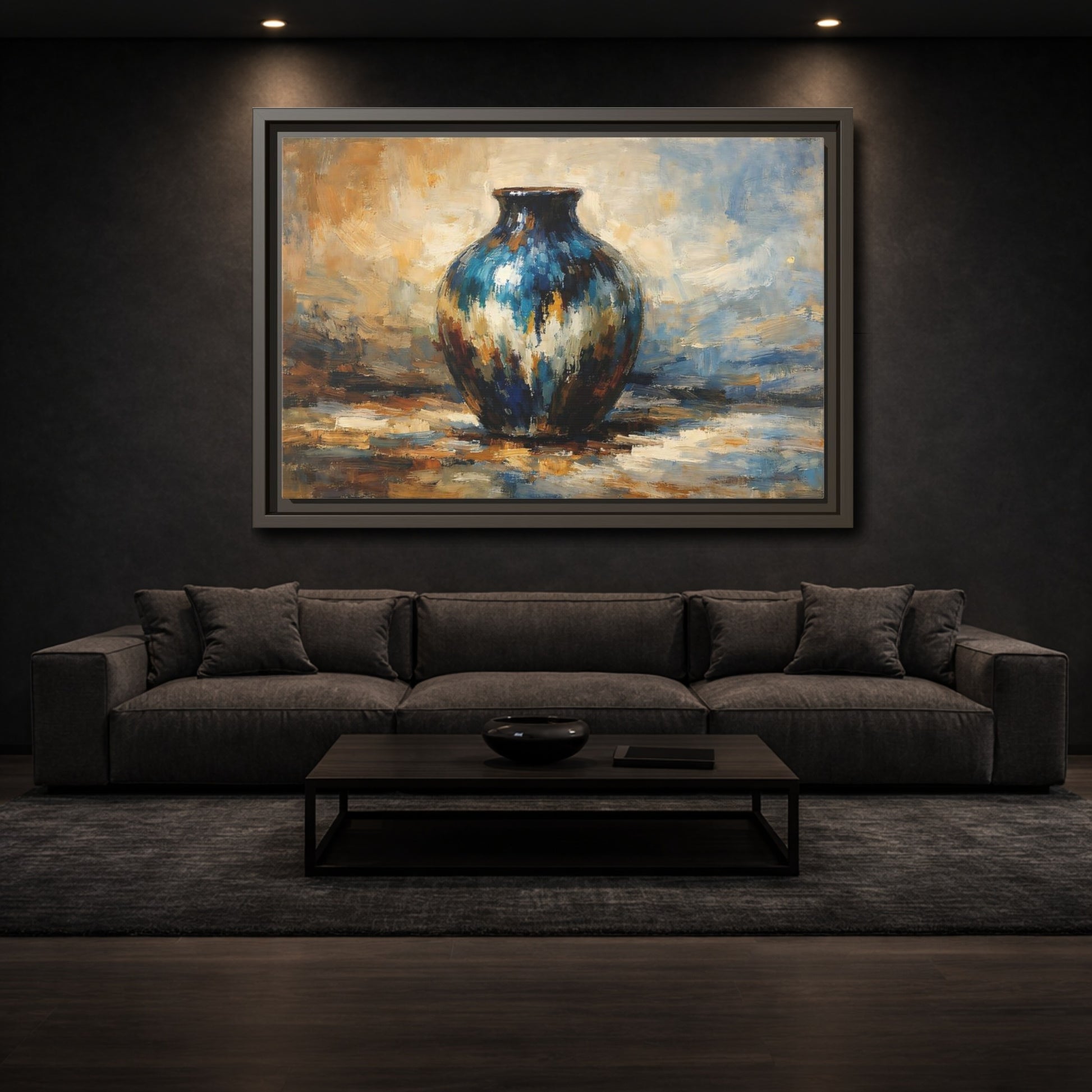 Mockup 2. Abstract Textured Vase Blue And Gold Vase shown as stretched canvas wall art