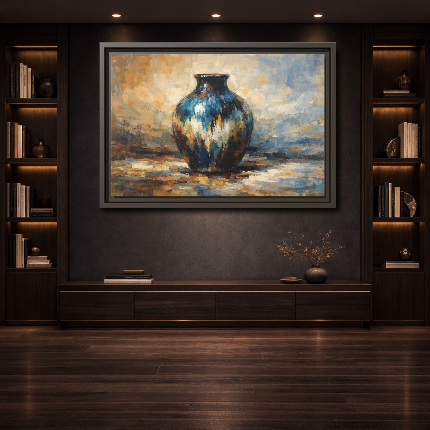 Mockup 3. Abstract Textured Vase Blue And Gold Vase shown as stretched canvas wall art