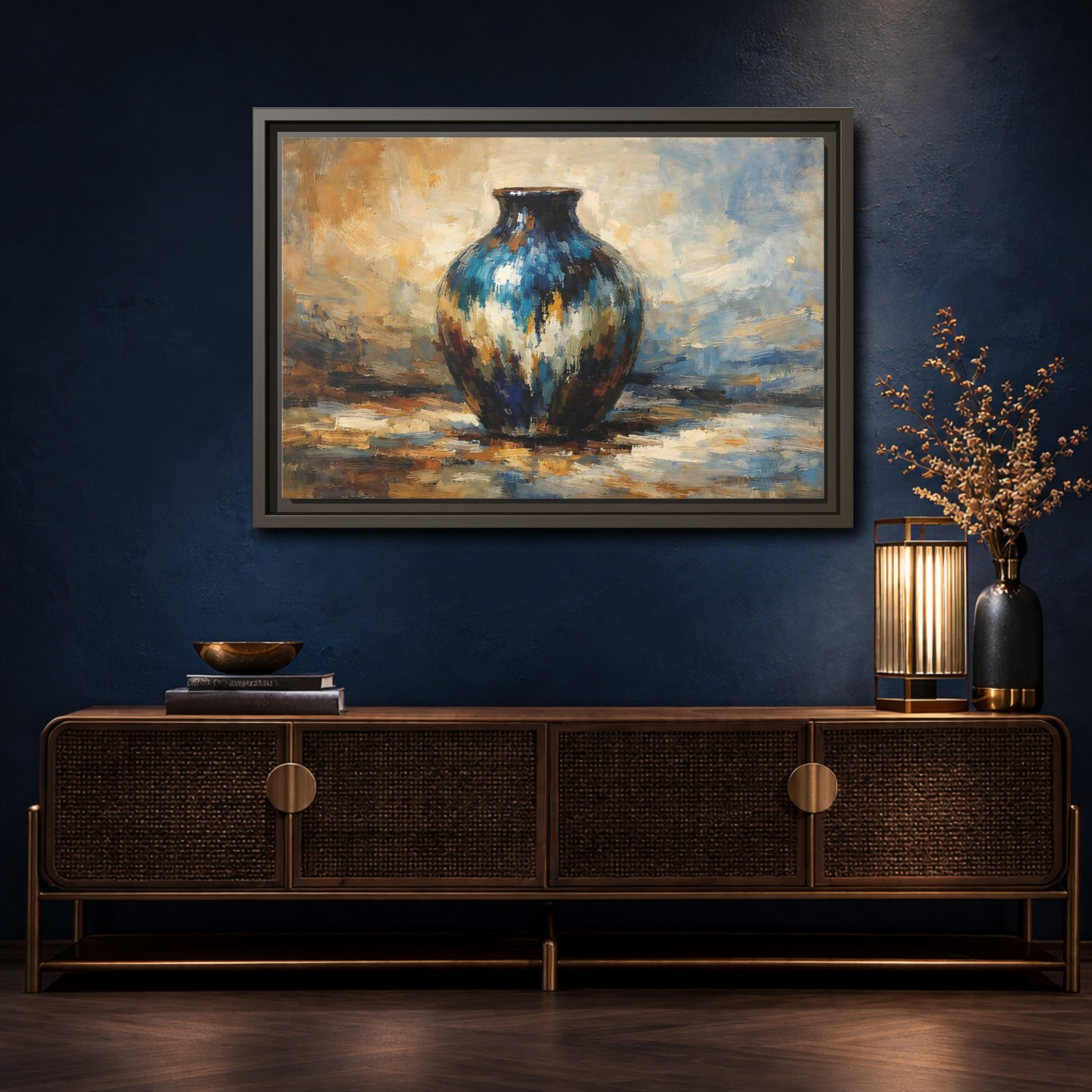 Mockup 4. Abstract Textured Vase Blue And Gold Vase shown as stretched canvas wall art