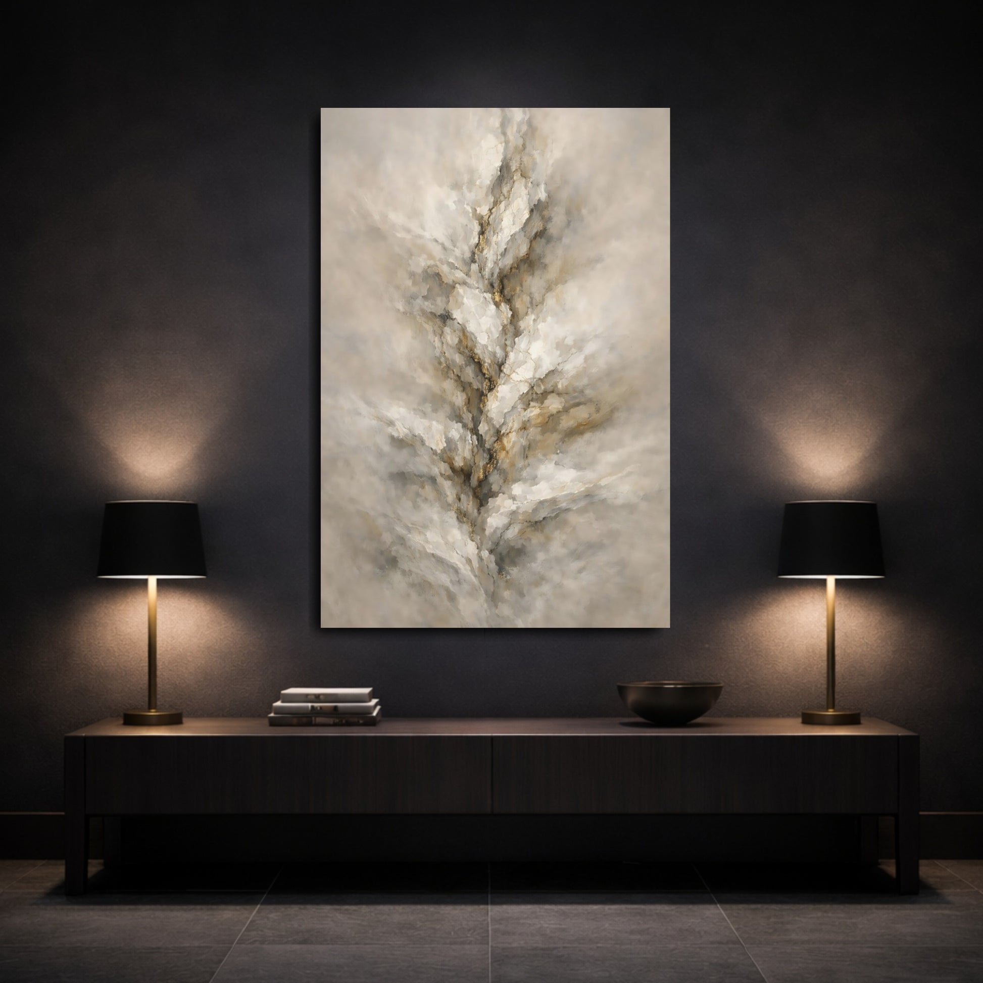 Mockup 2. Abstract Textured Vein Beige Gold Abstract shown as stretched canvas wall art