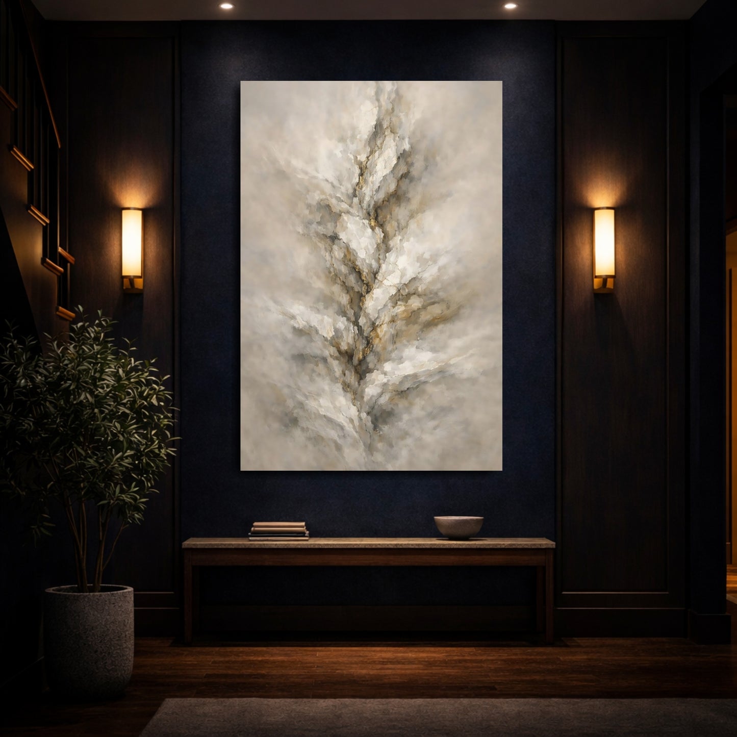 Mockup 3. Abstract Textured Vein Beige Gold Abstract shown as stretched canvas wall art