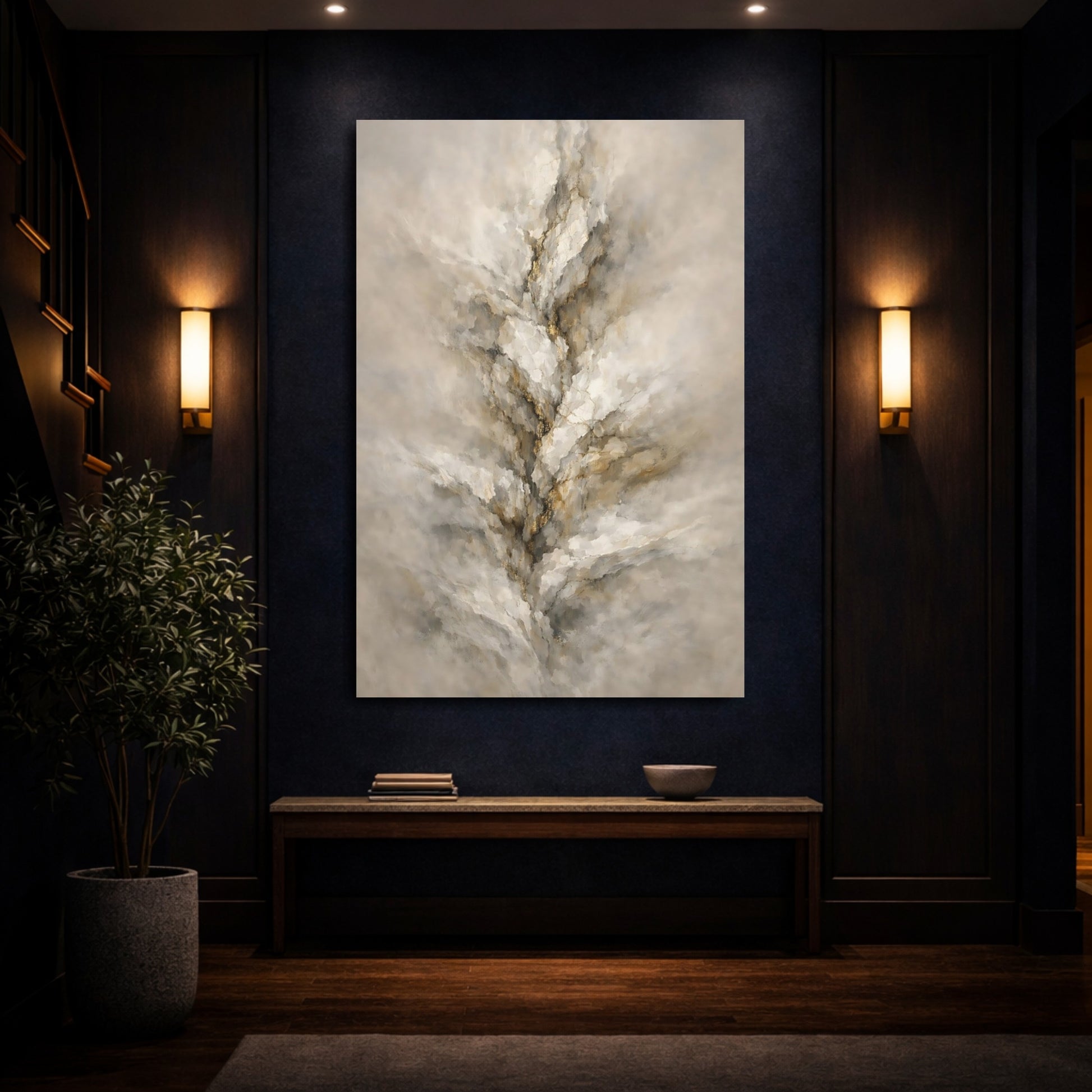 Mockup 3. Abstract Textured Vein Beige Gold Abstract shown as stretched canvas wall art
