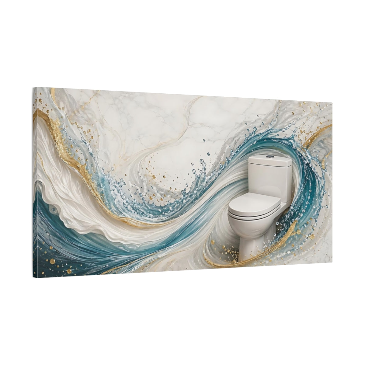 Main Mockup. Abstract Toilet Blue Gold Marble shown as stretched canvas wall art