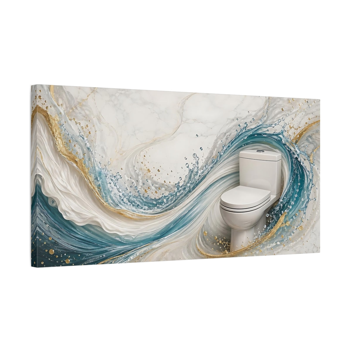 Side Mockup 1. Abstract Toilet Blue Gold Marble shown as stretched canvas wall art