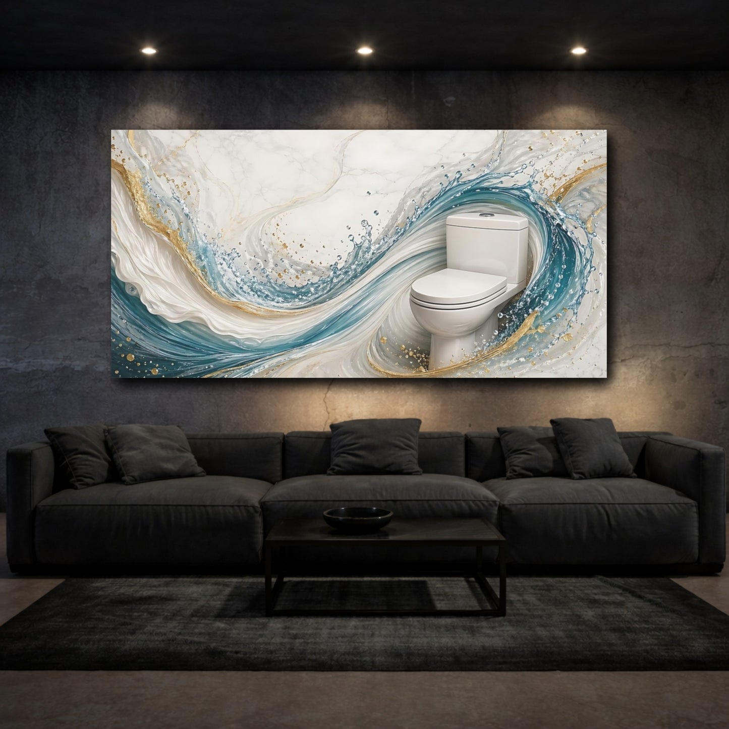 Mockup 2. Abstract Toilet Blue Gold Marble shown as stretched canvas wall art