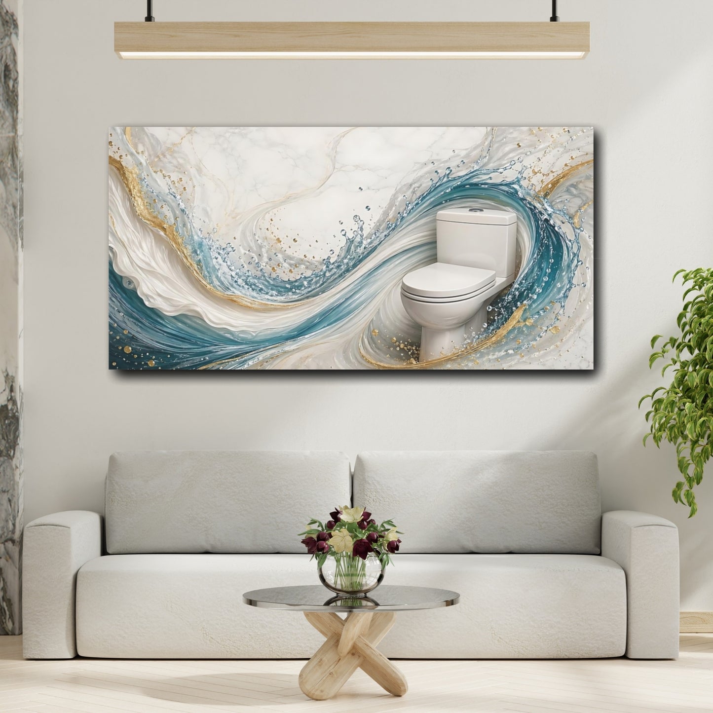 Mockup 3. Abstract Toilet Blue Gold Marble shown as stretched canvas wall art