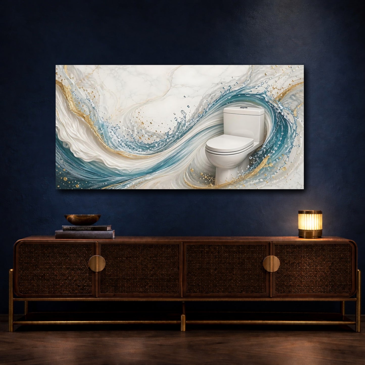 Mockup 4. Abstract Toilet Blue Gold Marble shown as stretched canvas wall art
