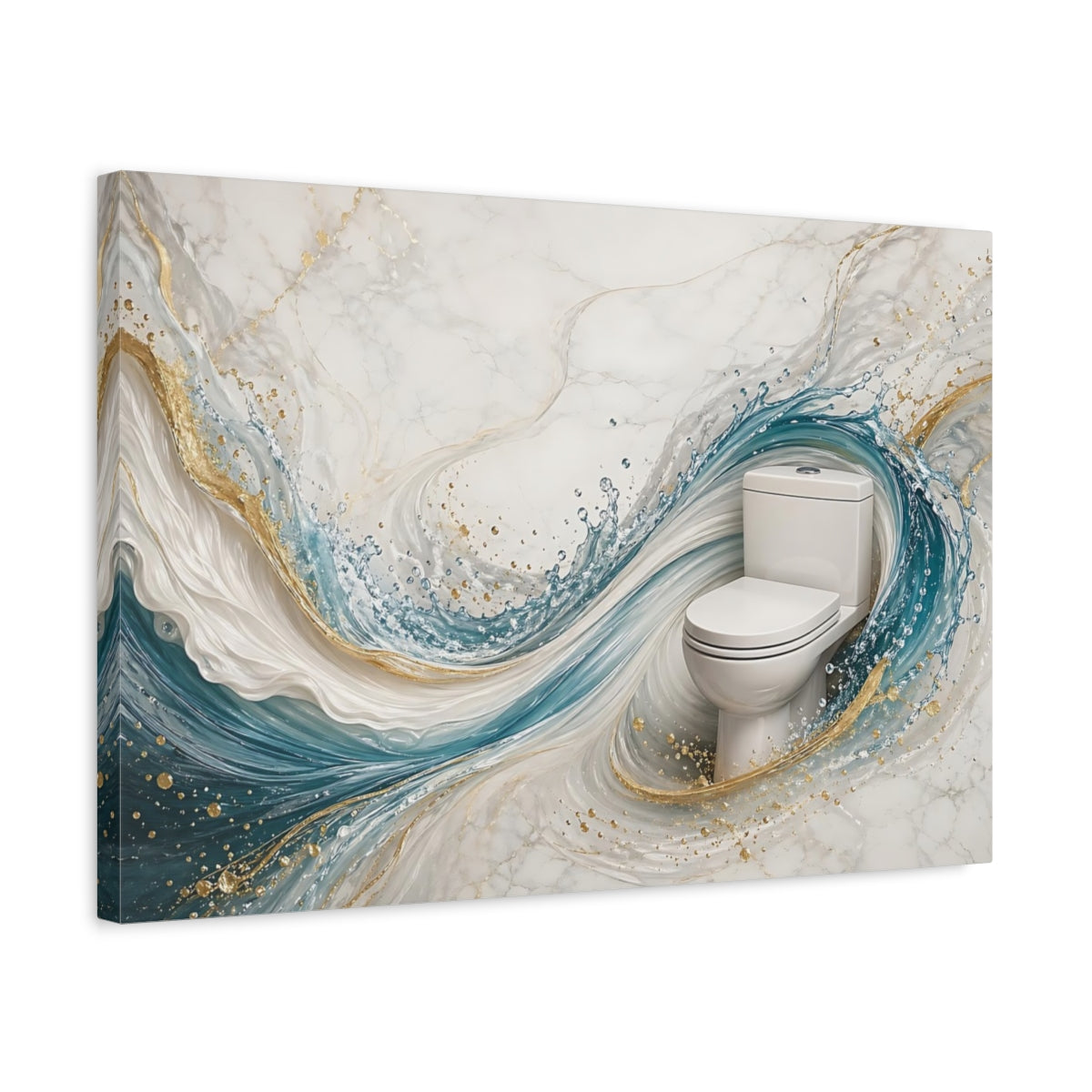 Side Mockup 3. Abstract Toilet Teal And Gold shown as stretched canvas wall art