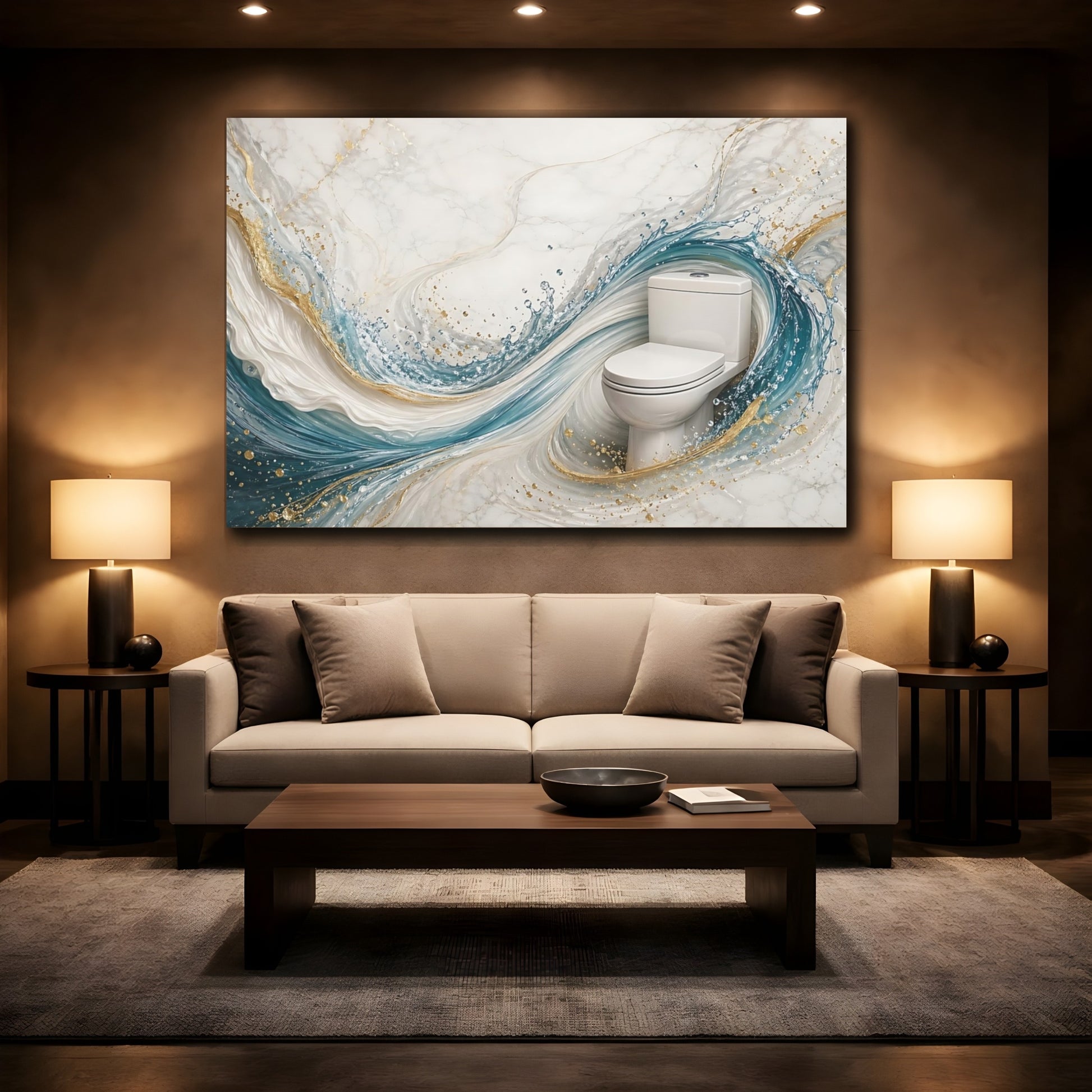 Mockup 2. Abstract Toilet Teal And Gold shown as stretched canvas wall art