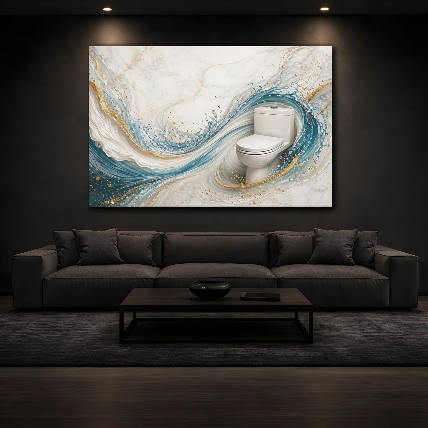 Mockup 3. Abstract Toilet Teal And Gold shown as stretched canvas wall art