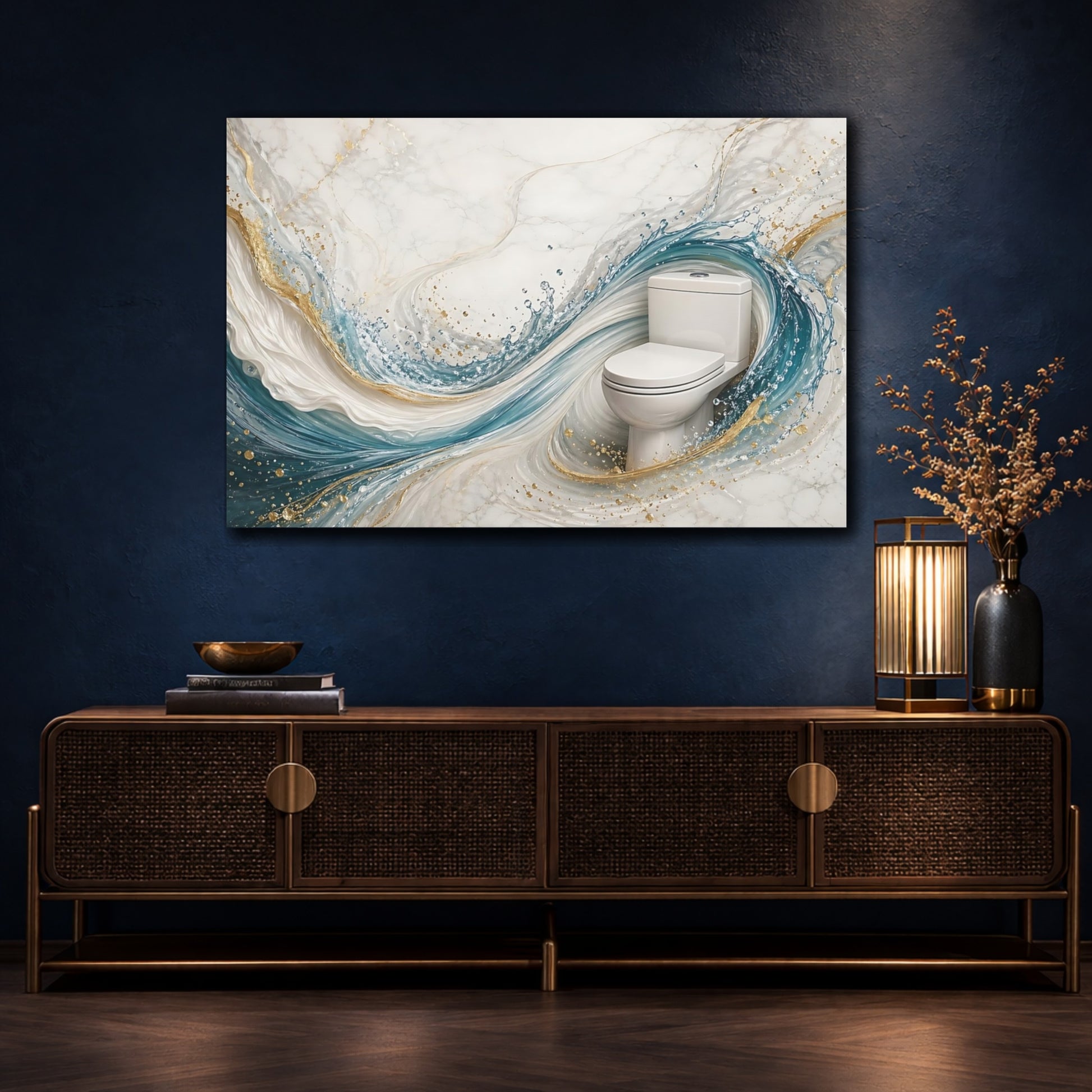 Mockup 4. Abstract Toilet Teal And Gold shown as stretched canvas wall art