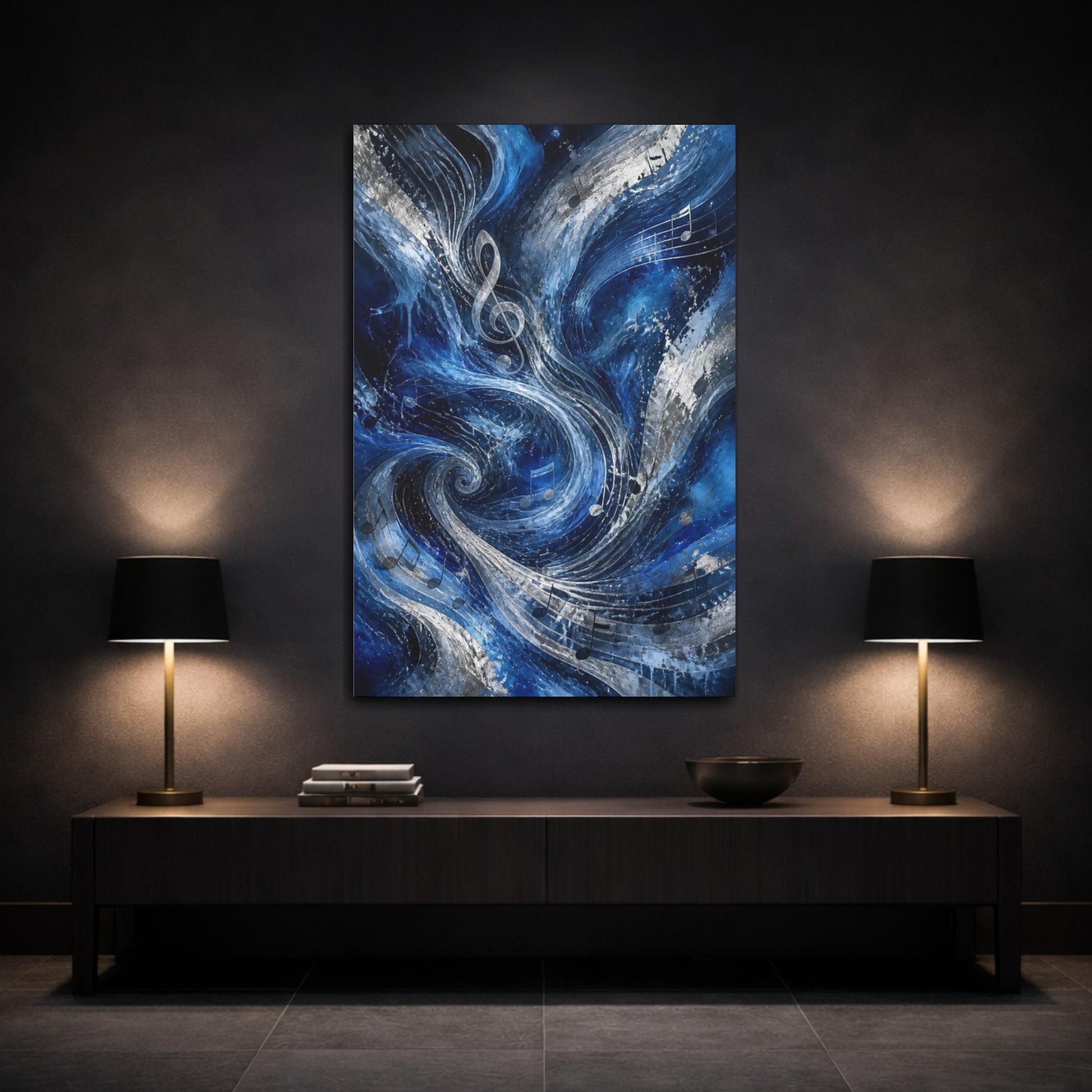 Mockup 3. Abstract Treble Clef Waves shown as canvas print