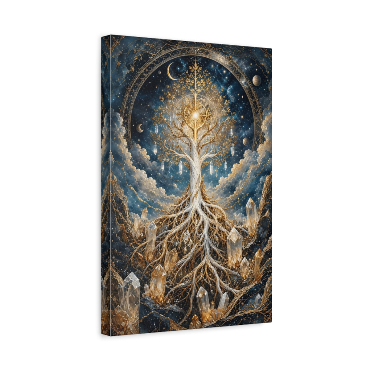 Side Mockup 4. Abstract Tree Of Life Blue And Gold shown as stretched canvas wall art