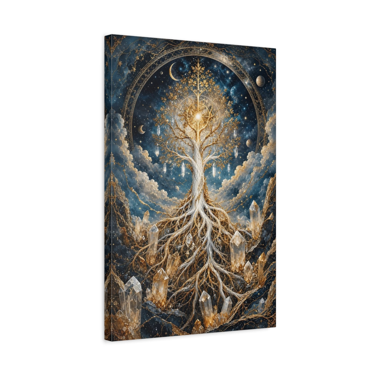 Side Mockup 3. Abstract Tree Of Life Blue And Gold shown as stretched canvas wall art