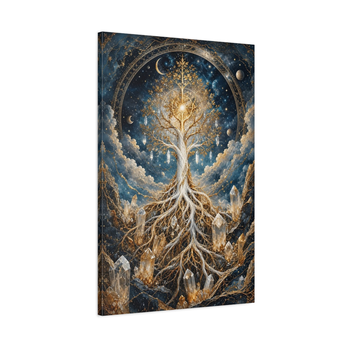 Main Mockup. Abstract Tree Of Life Blue And Gold shown as stretched canvas wall art