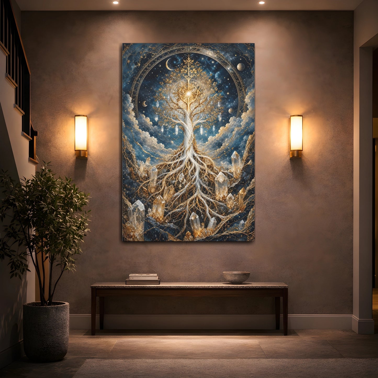 Mockup 2. Abstract Tree Of Life Blue And Gold shown as stretched canvas wall art