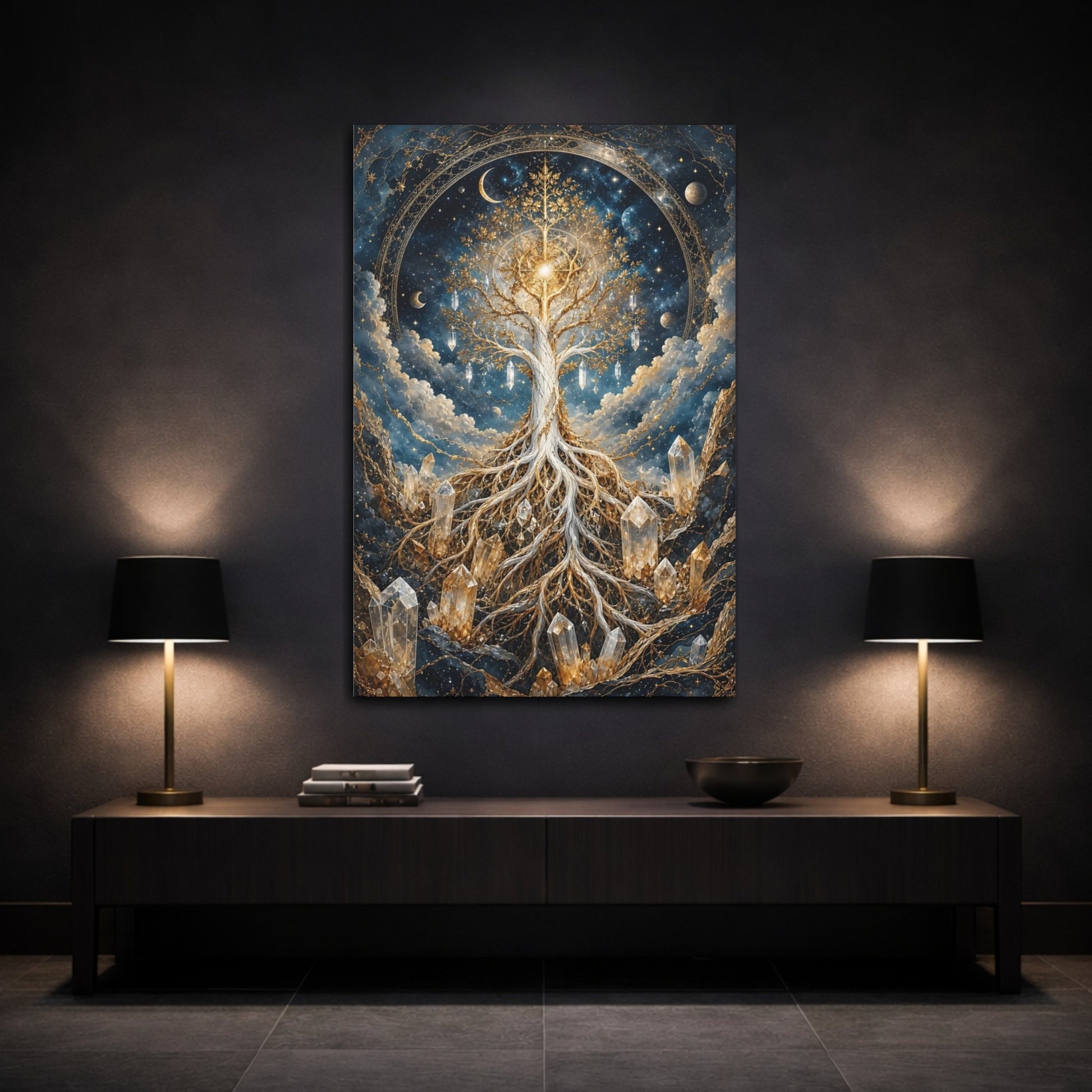 Mockup 3. Abstract Tree Of Life Blue And Gold shown as stretched canvas wall art