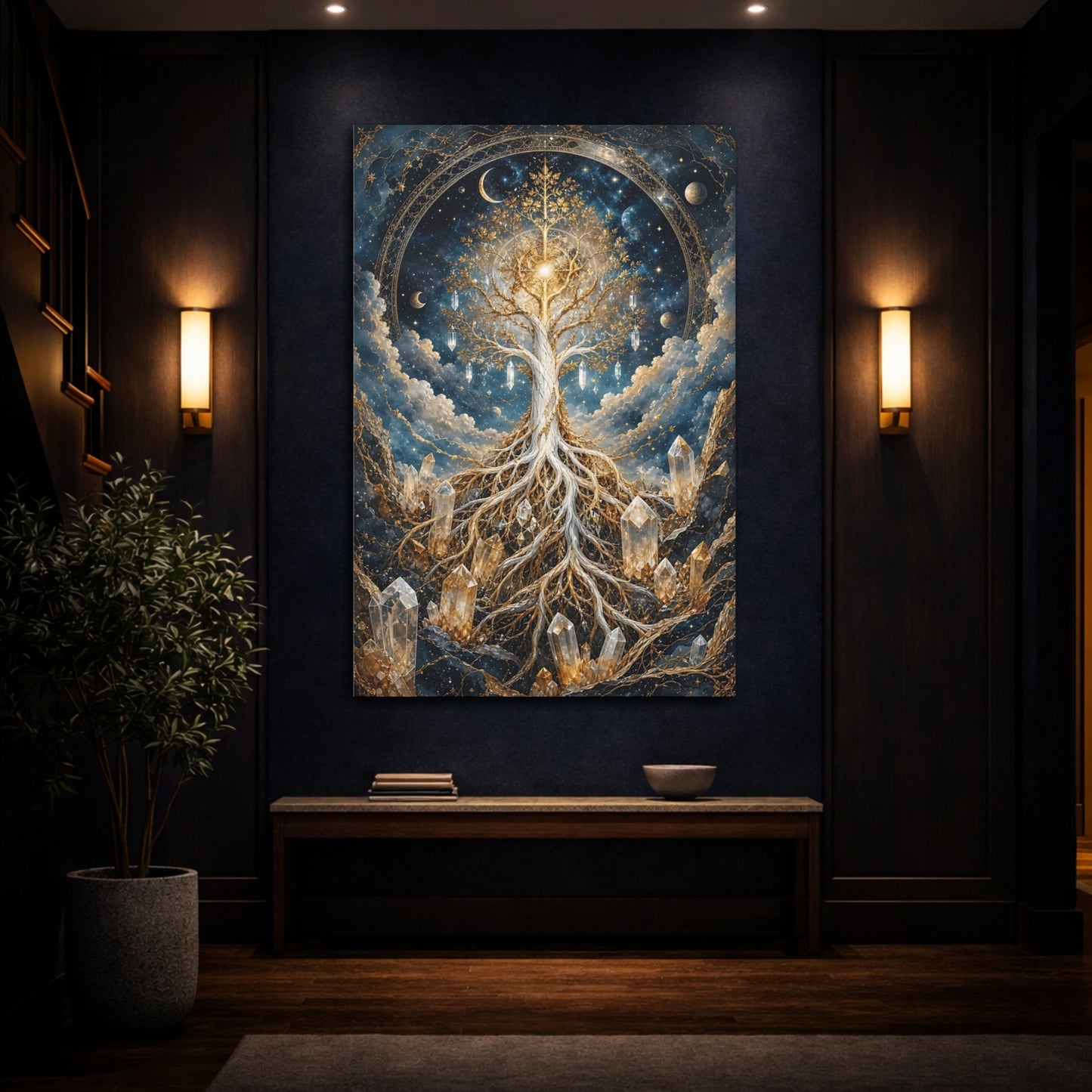 Mockup 4. Abstract Tree Of Life Blue And Gold shown as stretched canvas wall art