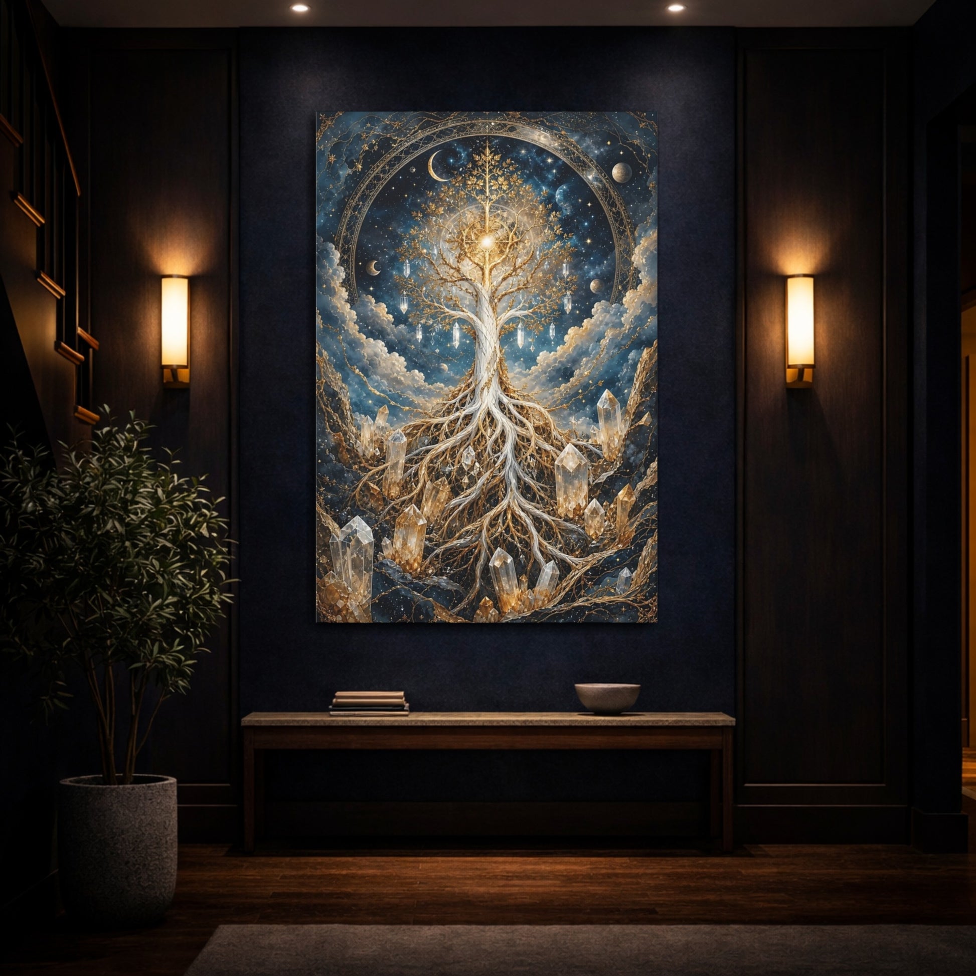 Mockup 4. Abstract Tree Of Life Blue And Gold shown as stretched canvas wall art