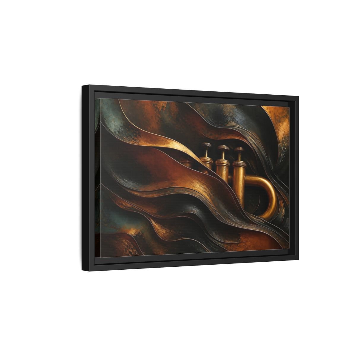 Abstract Trumpet Gold And Black Framed Canvas Print – Living Room, Large Wall - YesArtYes