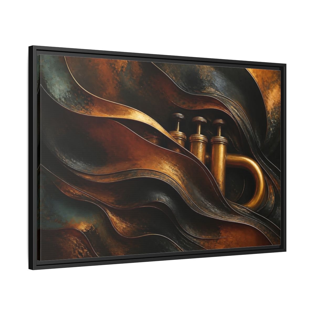 Abstract Trumpet Gold And Black Framed Canvas Print – Living Room, Large Wall - YesArtYes