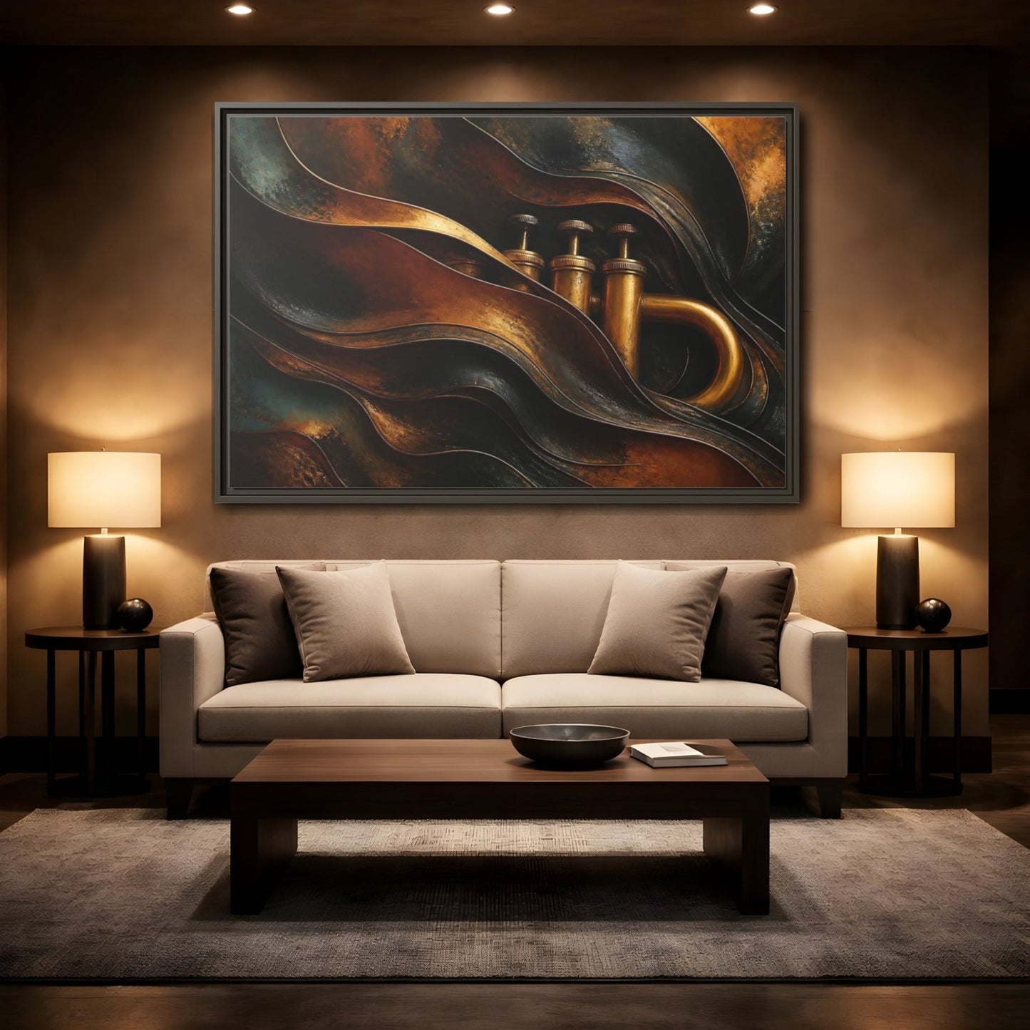 Abstract Trumpet Gold And Black Framed Canvas Print – Living Room, Large Wall - YesArtYes