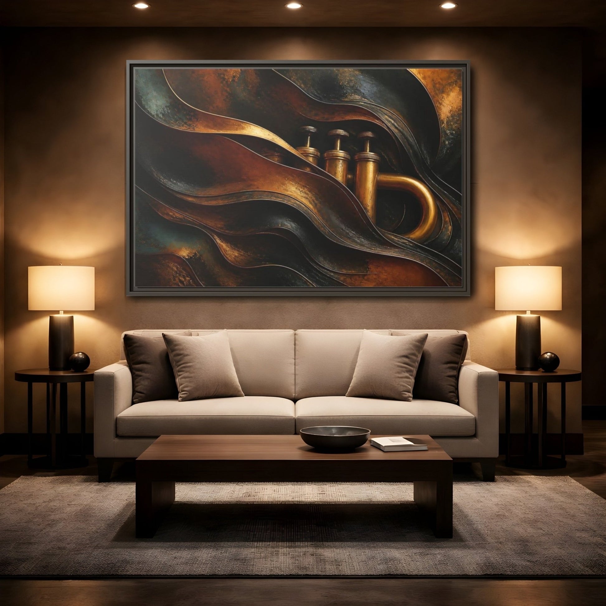 Abstract Trumpet Gold And Black Framed Canvas Print – Living Room, Large Wall - YesArtYes