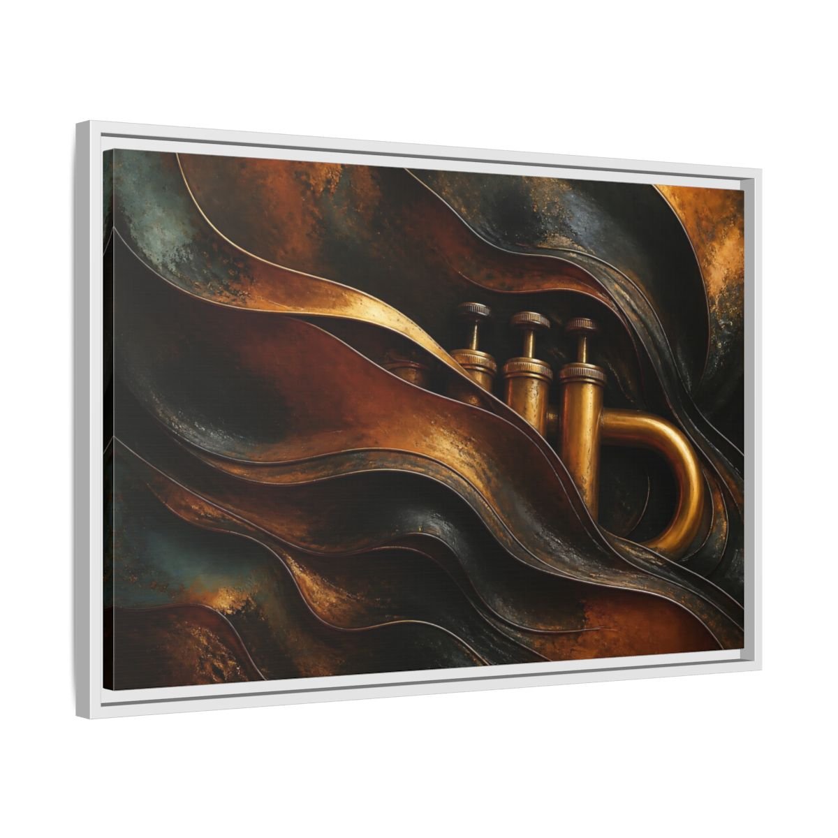 Abstract Trumpet Gold And Black Framed Canvas Print – Living Room, Large Wall - YesArtYes