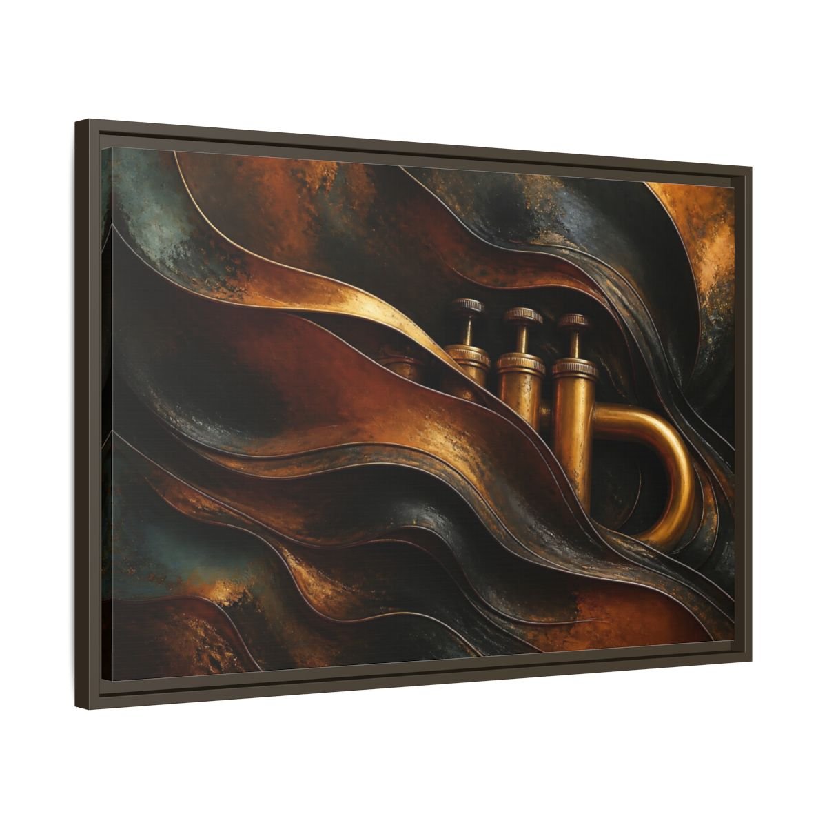 Abstract Trumpet Gold And Black Framed Canvas Print – Living Room, Large Wall - YesArtYes