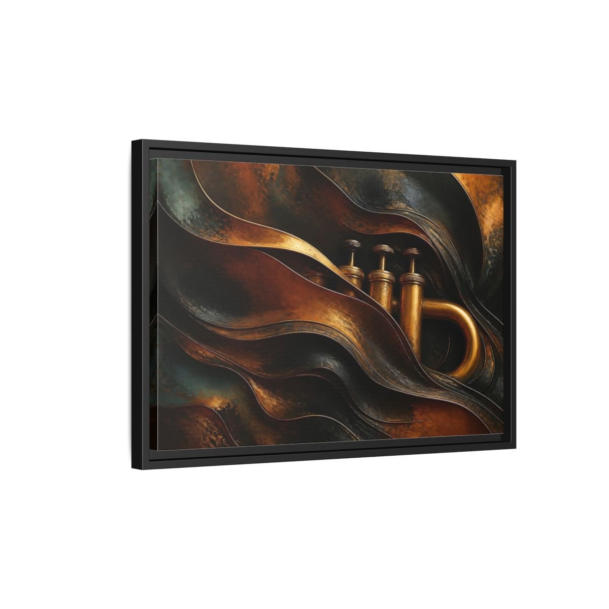 Abstract Trumpet Gold And Black Framed Canvas Print – Living Room, Large Wall - YesArtYes