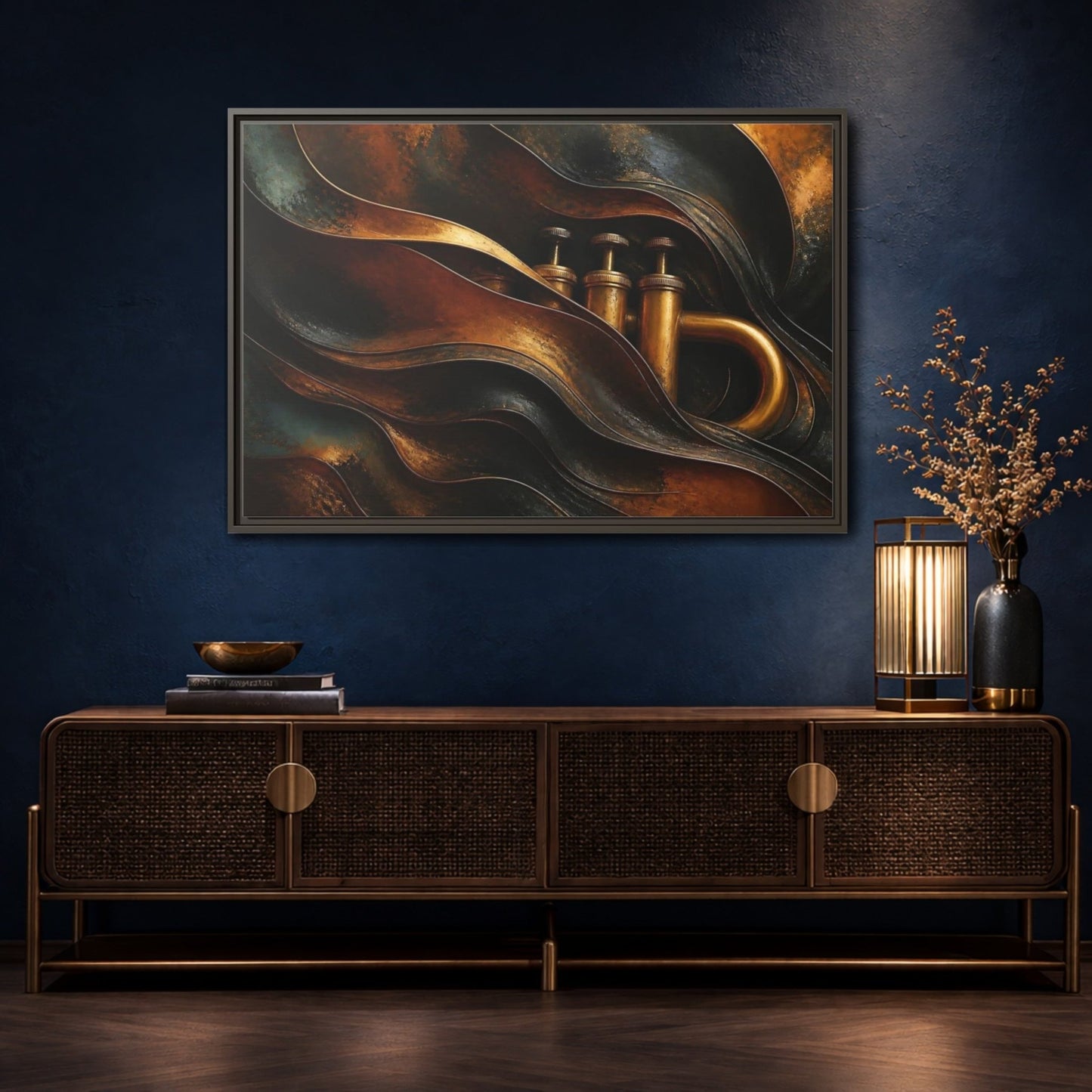 Abstract Trumpet Gold And Black Framed Canvas Print – Living Room, Large Wall - YesArtYes