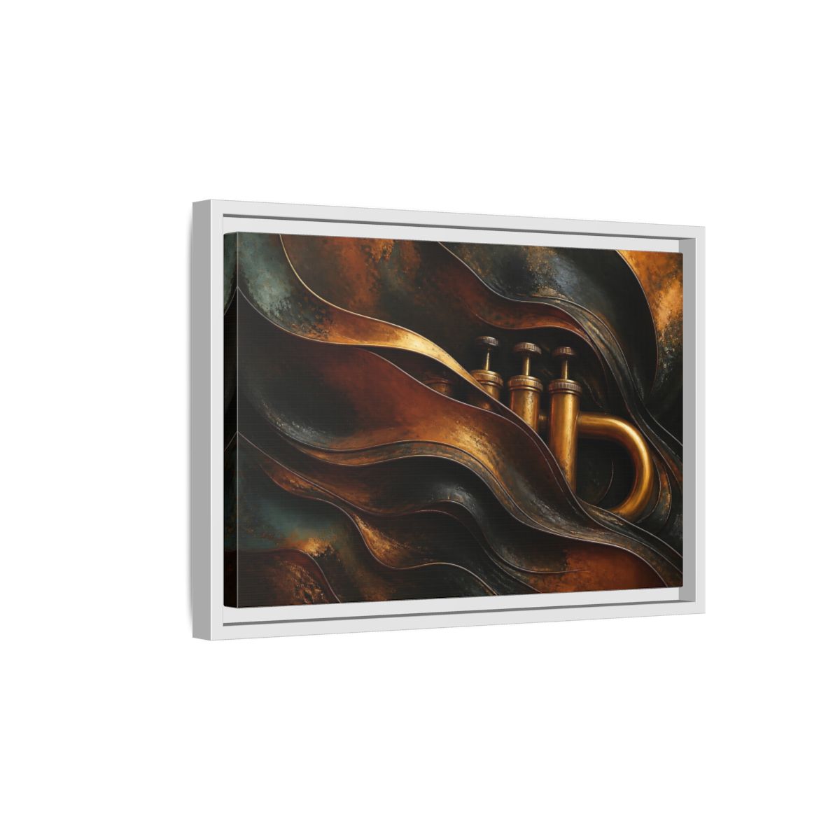 Side Mockup 4. Abstract Trumpet Gold And Black shown as framed canvas print