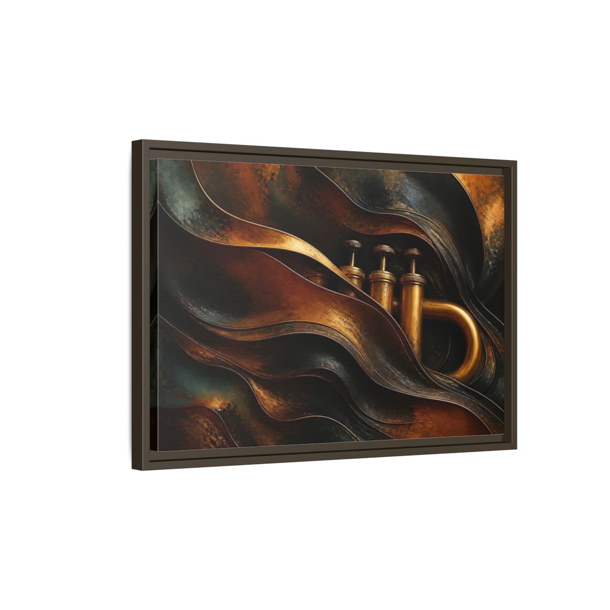 Side Mockup 2. Abstract Trumpet Gold And Black shown as framed canvas print