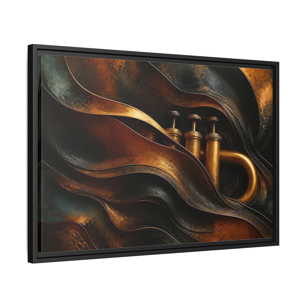 Side Mockup 14. Abstract Trumpet Gold And Black shown as framed canvas print