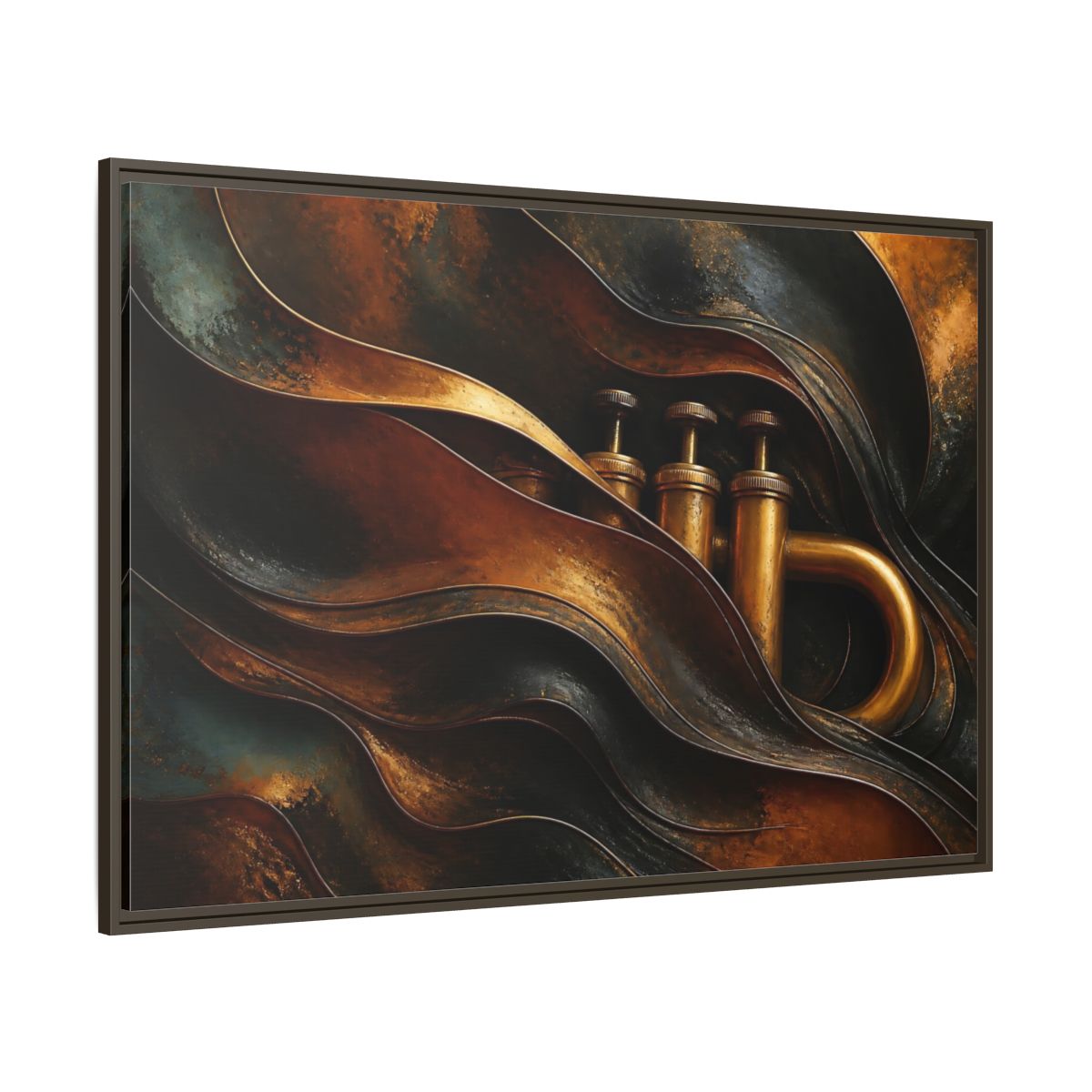 Side Mockup 8. Abstract Trumpet Gold And Black shown as framed canvas print