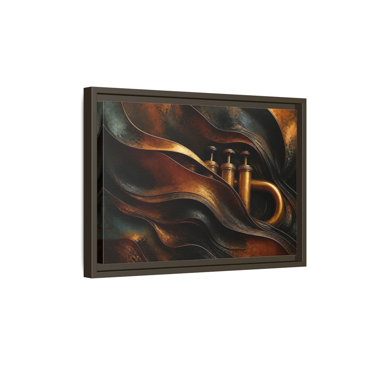 Side Mockup 5. Abstract Trumpet Gold And Black shown as framed canvas print