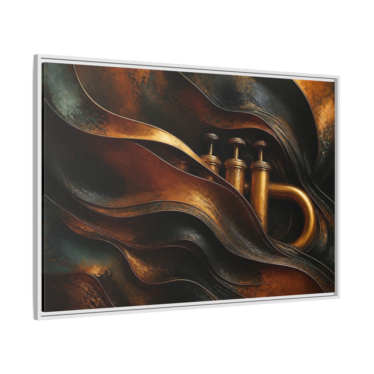 Side Mockup 7. Abstract Trumpet Gold And Black shown as framed canvas print