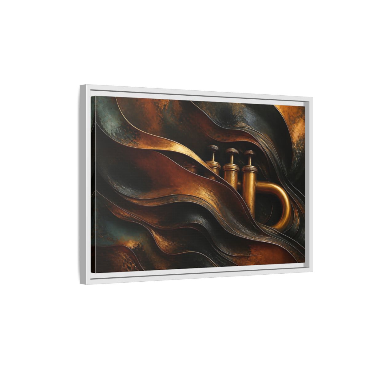 Side Mockup 1. Abstract Trumpet Gold And Black shown as framed canvas print